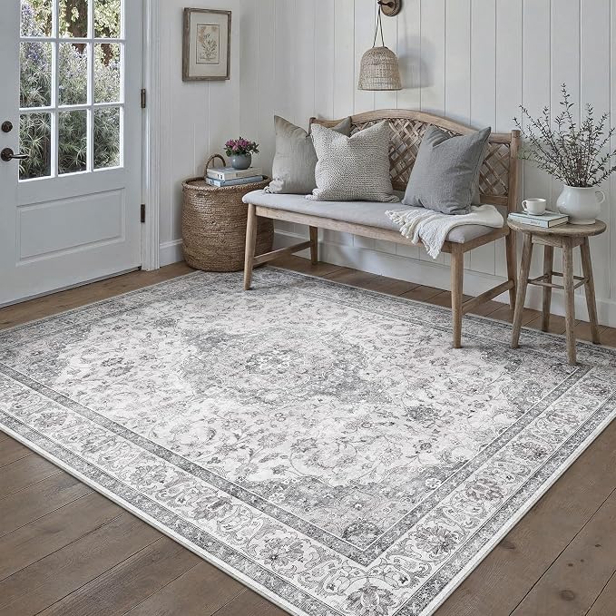 HUGEAR Area Rug 5x7 Vintage Grey Machine Washable Living Room Rugs Thin Neutral by HUGEAR
