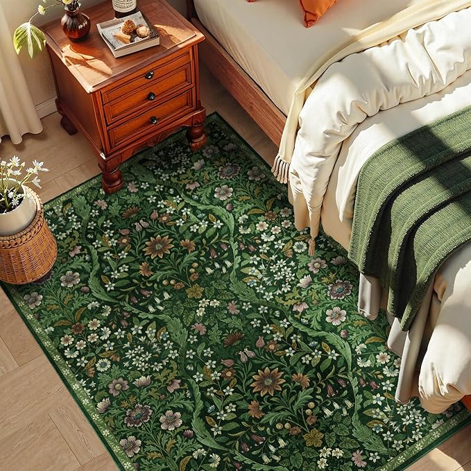 4x6 Dark Green Floral Boho Area Rug, Low-Pile Stain Resistant Non-Slip Machine - Image 5