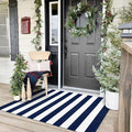 KOZYFLY Striped Outdoor Rug 3x5 Ft Front Door Rug Navy and White Hand Woven by KOZYFLY
