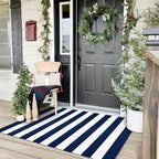 KOZYFLY Striped Outdoor Rug 3x5 Ft Front Door Rug Navy and White Hand Woven by KOZYFLY