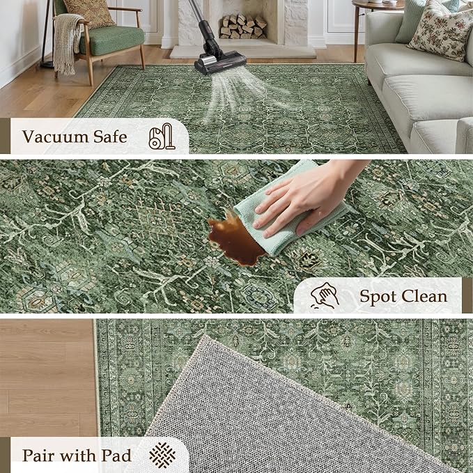 Green Area Rug 4x6 Washable Office Entryway Carpet Soft Vintage Indoor Kitchen - Image 4