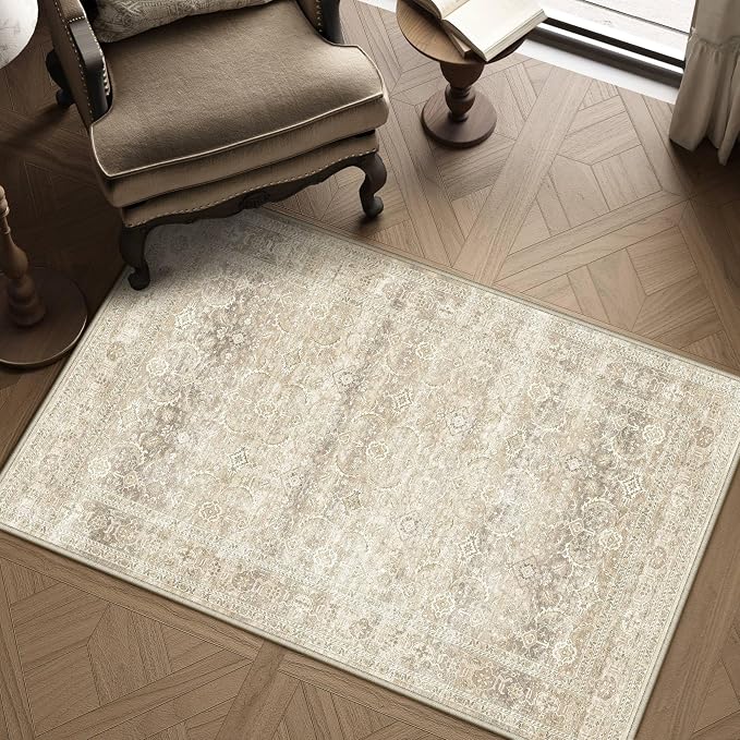 HUGEAR 3x5 Area Rug Beige Vintage Neutral Washable Bathroom Rug Soft Non Slip - Image 3