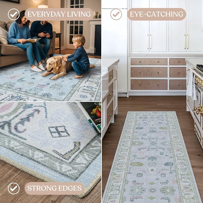 Fame Living Cream Blue Oushak Rug, Area Rugs - Image 4