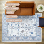 Fame Living Cream Blue Oushak Runner Rug, Modern Runners, Long Runner Rugs - Image 3
