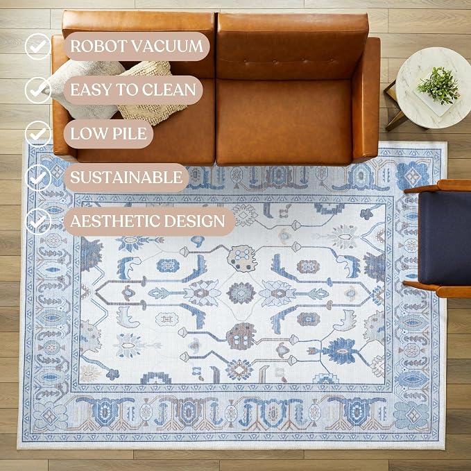 Fame Living Cream Blue Oushak Rug, Large Area Rugs - Image 3