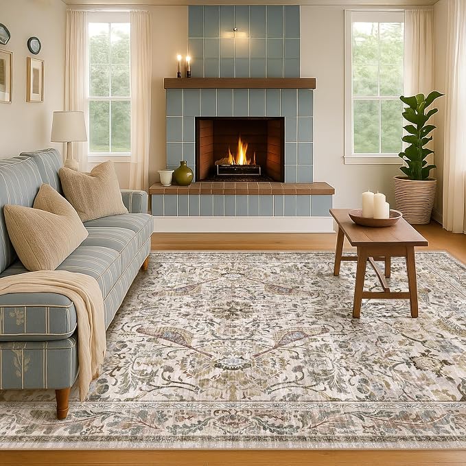 Moss 5x7 Living Room Area Rug, Vintage Washable Rug by HazoHaus