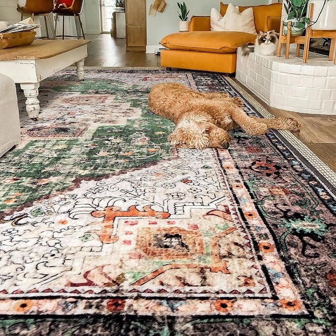 8x10 Area Rug - Green Boho Washable Vintage Low Pile Non-Slip Large Rug - Image 7