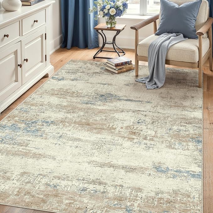 5x7 Area Rug Washable Beige Brown Abstract Living Room Carpet Non Slip Modern - Image 5