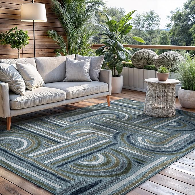 CAMILSON Indoor Outdoor Rug, Aqua 5x7 Geometric Arch Striped Area Rugs by CAMILSONIndoorOutdoorAreaRugs