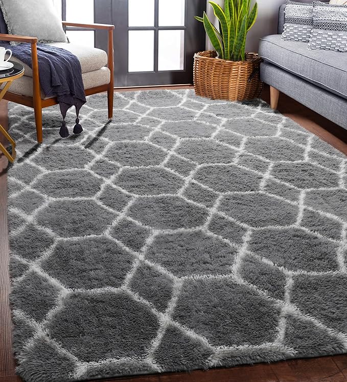 ONASAR 5x7 Area Rugs for Living Room Bedroom, Washable Fluffy Grey and White - Image 4