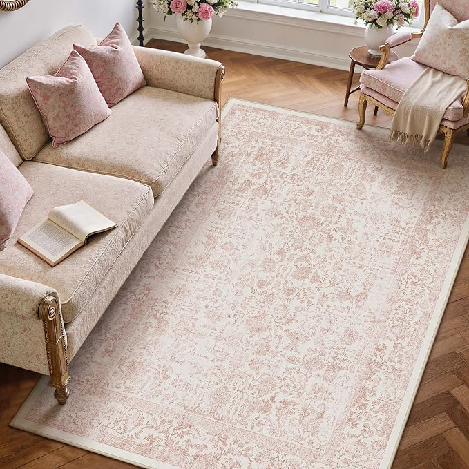 Pink Area Rug 5x7 Machine Washable Vintage Living Room Distressed Non Slip - Image 6