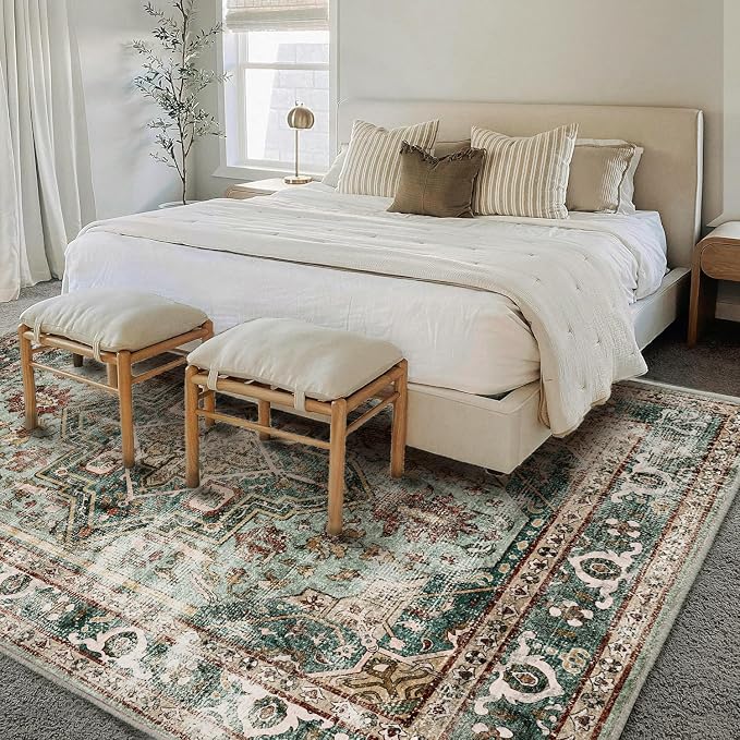 Area Rug 8'x10' Green Washable Vintage Traditional Mat Distressed Indoor - Image 3