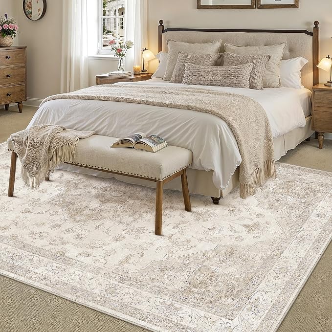 Beige Area Rug 8x10 Washable Vintage Carpet - Image 5