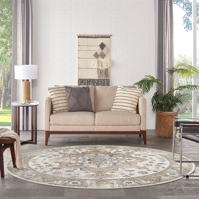 Nourison Home Astra Machine Washable Beige 7'10" x Round Area Rug - Image 3