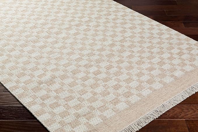 Mark&Day Wool Rugs, 4x6 Clinten Solid and Border Tan Checkered Rug, Tan Ivory - Image 4
