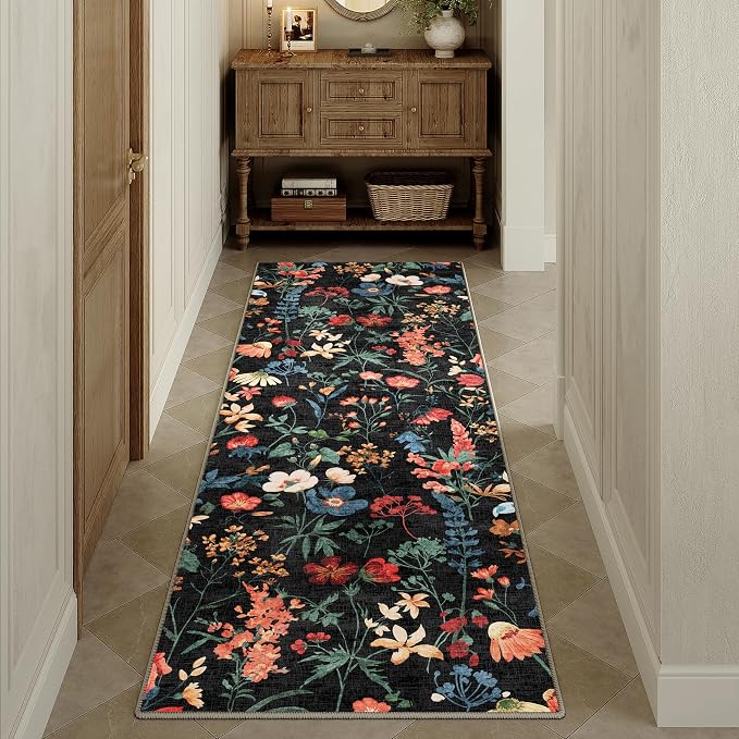 Floral Runner Rug 2x5 Washable Hallway Long Black Bedroom Carpet Non Slip - Image 5