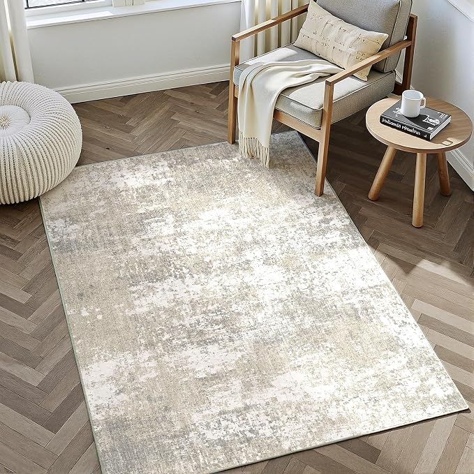 Modern Abstract Beige Gray Area Rug 5x7 Machine Washable Large Carpet Neutral - Image 5