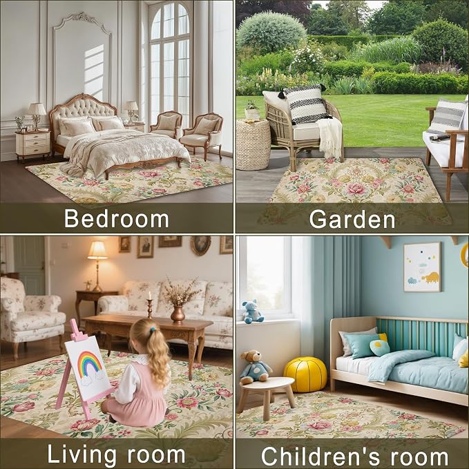 Chic Vintage Rose Rug for Living Room 5x7, Low Pile Non-Slip Backing, Machine - Image 4