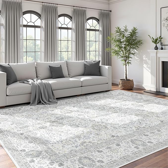 Neutral Area Rugs 8x10 for Living Room Vintage Rug Boho Floral Modern Washable by Deerly