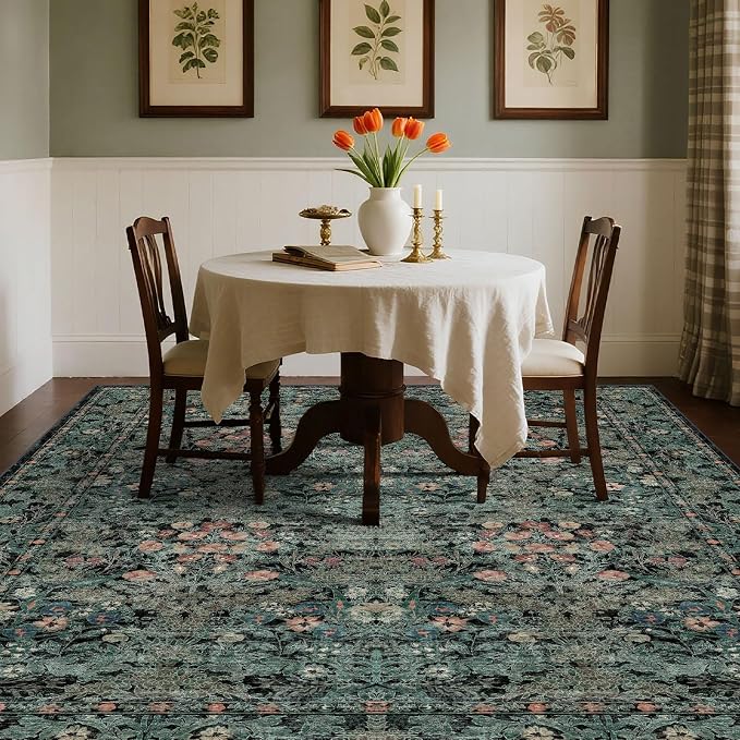 Dark Green Boho 5x7 Area Rugs for Bedroom Aesthetic, Washable Floral Rug for - Image 5