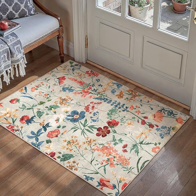 Beige Area Rug 2x3 Entryway Floral Boho Door Mat Indoor Washable Kitchen Carpet by PureCozy