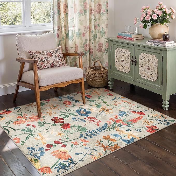 Beige Area Rug 3x5 Office Floral Boho Door Mat Indoor Washable Kitchen Carpet - Image 6