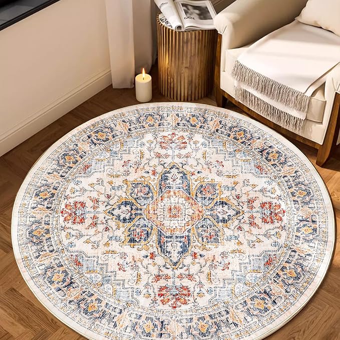VK VK·LIVING Round Washable Rug 5'Ft Vintage Machine Washable Area Rugs by VKVK%C2%B7LIVING