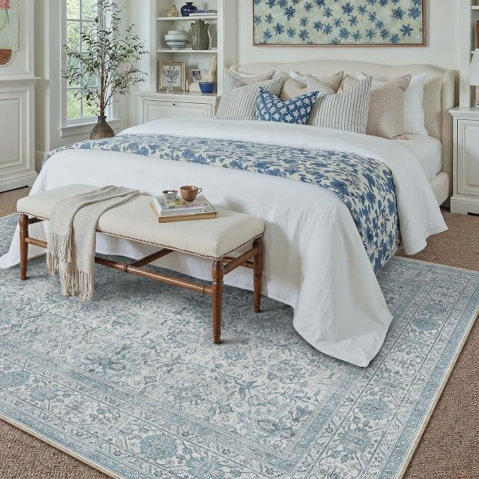 Area Rug 5x7 Blue Washable Living Room Carpet Soft Non Slip Vintage Bedroom - Image 7