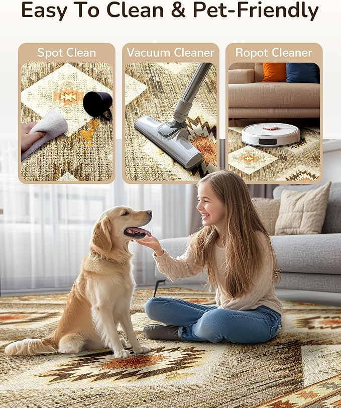 Area Rug 7x9 Rug Machine Washable Non-Slip Low Pile Print Pattern Western Rug - Image 3