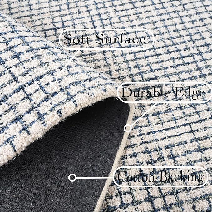 Hand-Tufted 100% Wool Pile Area Rug – Geometric Textured Grid Check Pattern – - Image 5