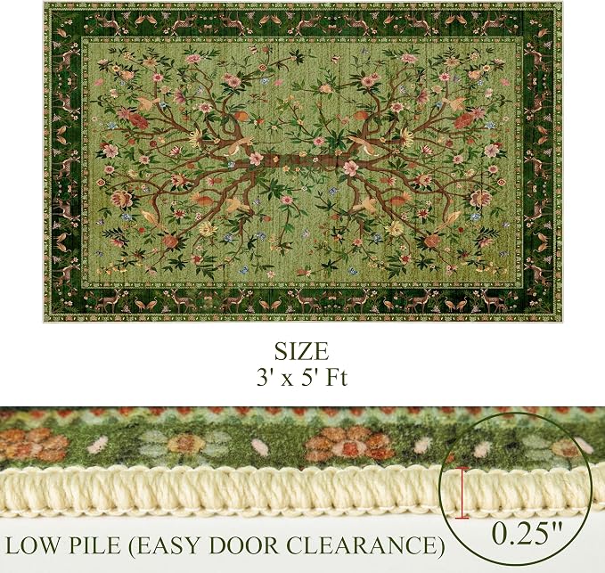 Green Area Rug 3x5 Washable, Non-Slip Small Rug Carpet, Floral Boho Low Pile - Image 2