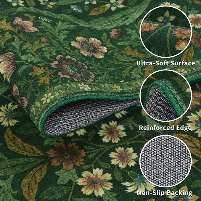 3x5 Dark Green Boho Floral Vintage Area Rug, Soft Lightweight Low Pile - Image 6