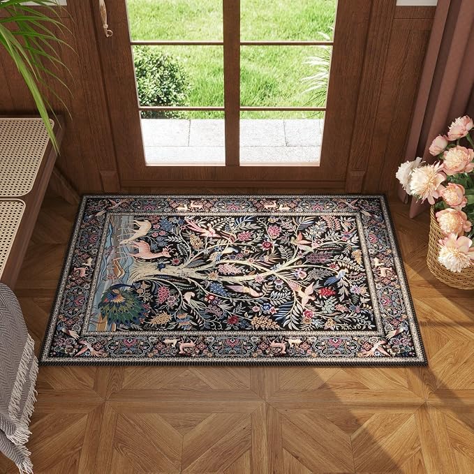 Rugcomf Indoor Door Mat 2x3 Rug Vibrant Tree of Life-Patterned Vintage Machine - Image 3