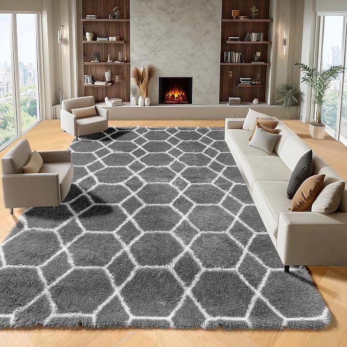 ONASAR 8x10 Area Rugs for Living Room, Fluffy Grey and White Bedroom Rug by ONASAR