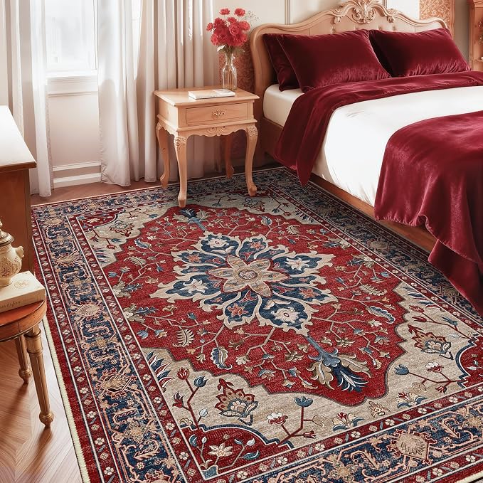 Area Rugs 8'x10' Washable Non-Slip, Floral Vintage Distress Print Pattern - Image 2