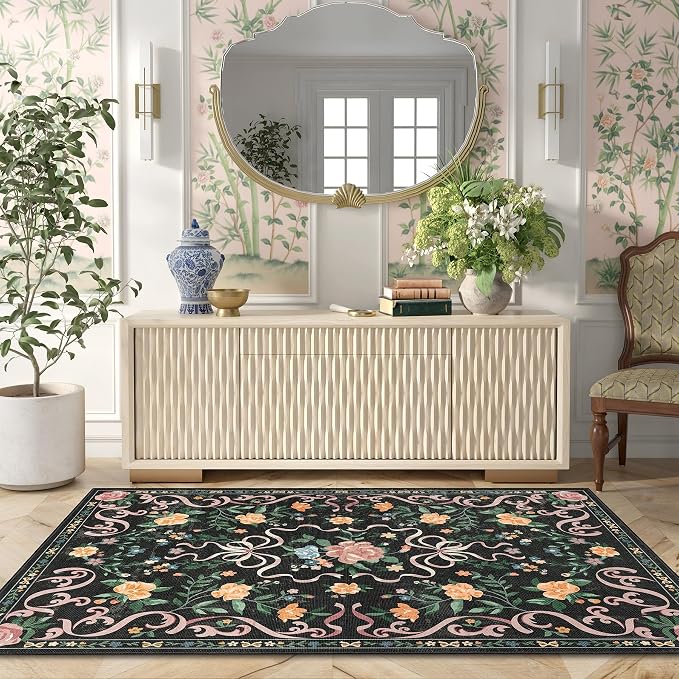 Black Rug Bow Floral Rug 3x5, Washable Boho Area Rugs Non Slip Low Pile Carpet - Image 3