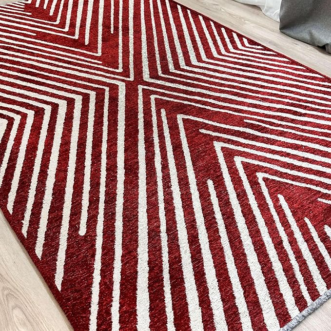 Alfa Rich 3x5 Geometric Red Burgundy Off White Washable Area Rugs - Image 3