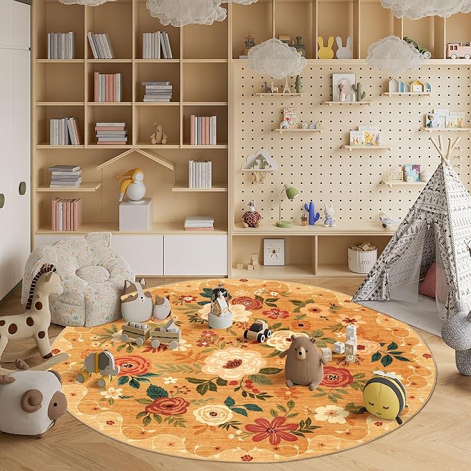 DUKINO Floral Round Rug, 6ft Washable Circle Rug, Non Slip Indoor Low Pile - Image 4