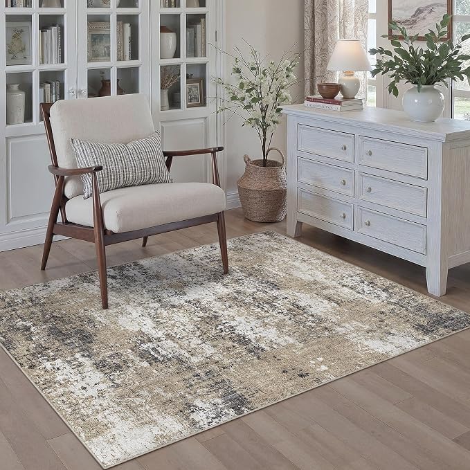 Washable Brown Area Rug 3x5 Modern Abstract Office Carpet Neutral Soft Entryway - Image 3