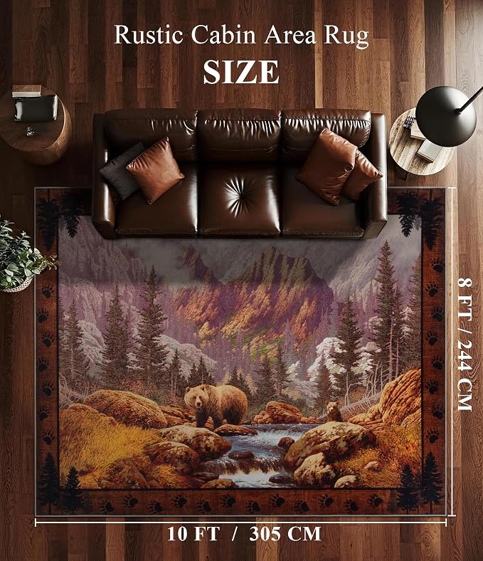 YIHOUSE Rustic Cabin Area Rug for Bedroom 8x10, Machine Washable Woodland Bear - Image 2