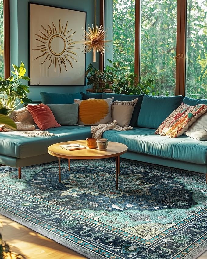 Area Rugs Square 8ft Washable Non-Slip, Floral Vintage Distress Print Pattern - Image 9