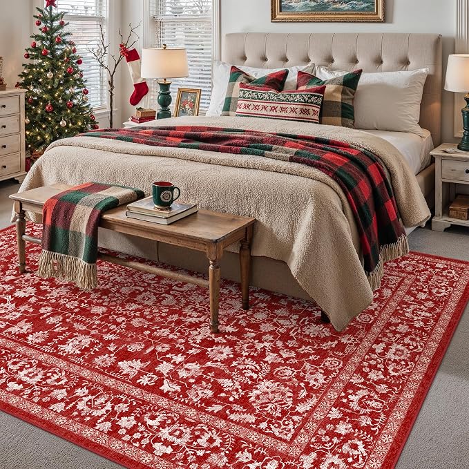 Christmas Area Rug 5x7 Red Washable Living Room Carpet Retro Distressed Floral - Image 5
