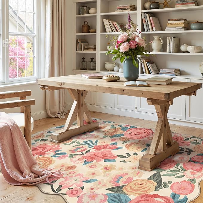 Washable Floral Area Rug 4x6 Beige Office Carpet Scalloped Flower Non Slip Soft by PureCozy