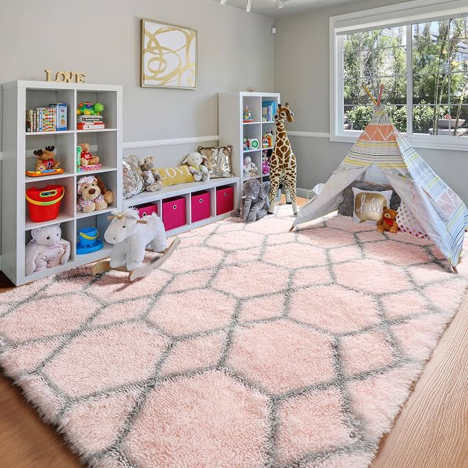 ONASAR Area Rugs for Bedroom Living Room, Washable 4x6 Fluffy Pink and Grey - Image 6