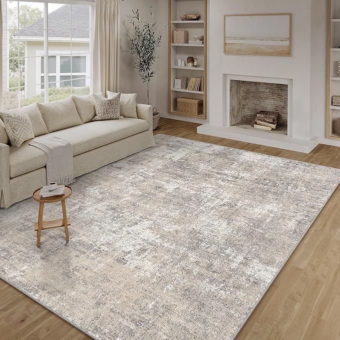 Machine Washable Area Rug 9x12 Beige Gray Large Living Room Indoor Accent Rug by PureCozy