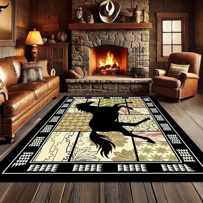 Western Horse Print Rugs 7x9ft, Boho Floral Area Rug, Botanical Print Low Pile - Image 2