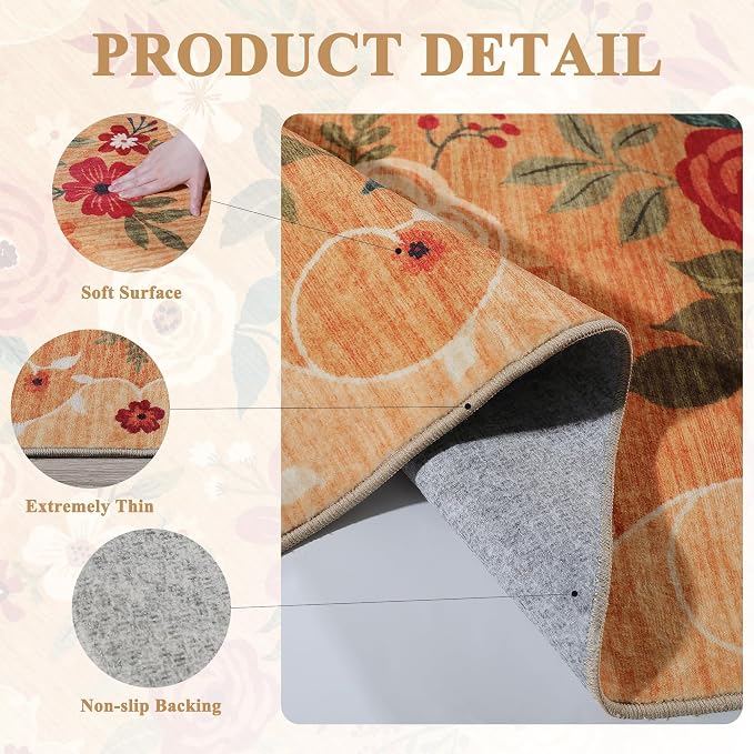 DUKINO Floral Round Rug, 6ft Washable Circle Rug, Non Slip Indoor Low Pile - Image 5