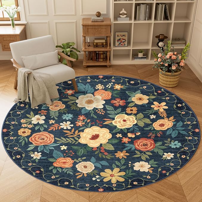 DUKINO Floral Round Rug, 6ft Washable Circle Rug, Non Slip Indoor Low Pile - Image 2