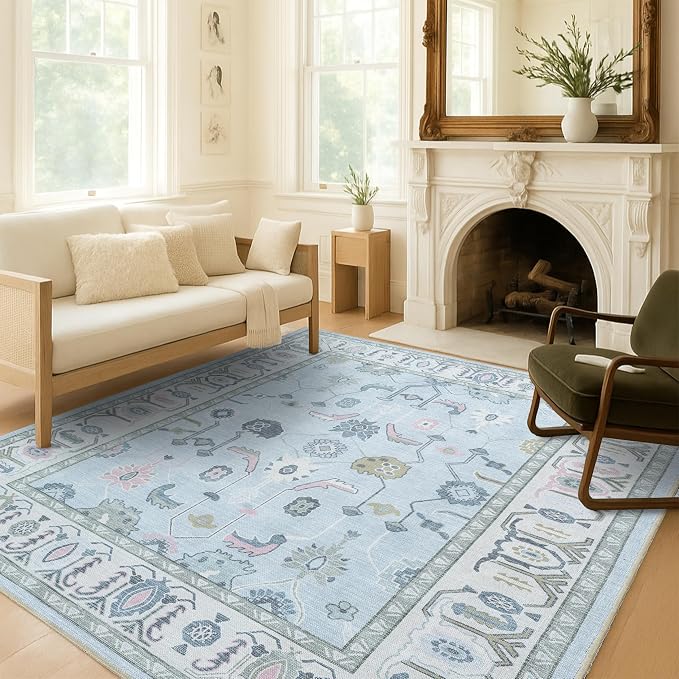Fame Living Cream Blue Oushak Rug, Large Area Rugs - Image 2