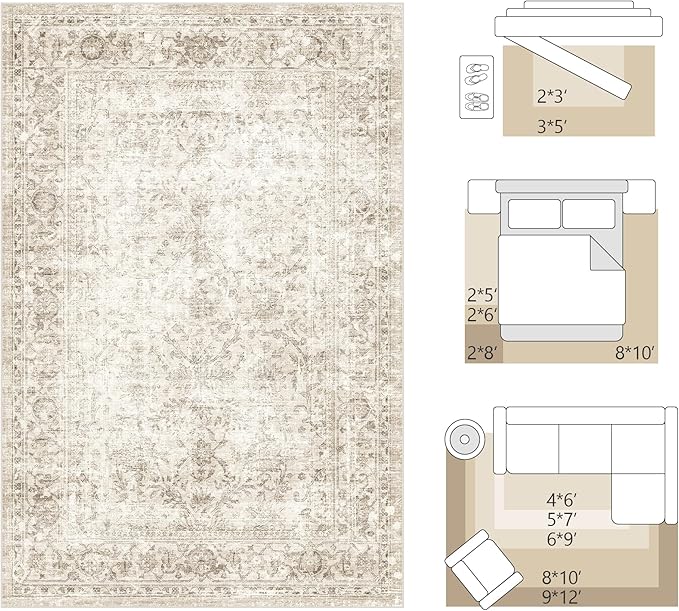 FMFUNCTEX 4x5 Washable Area Rug Neutral Vintage Beige Non Slip Low Pile - Image 4
